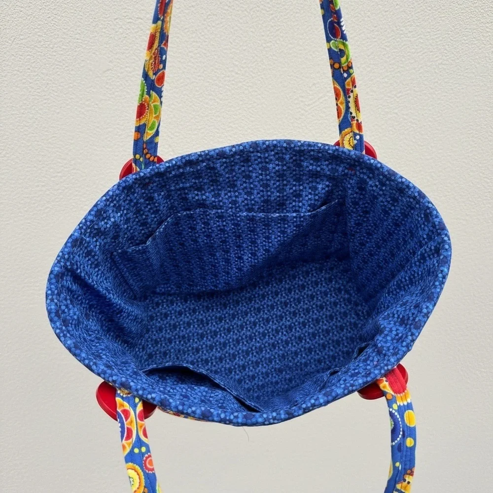 Handmade Coiled Rope Basket Tote Bag - Blue and Yellow Floral